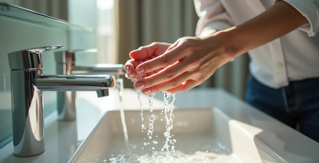 A professional woman splashing cold water on her face at a sleek office sink to get a refreshing energy boost.