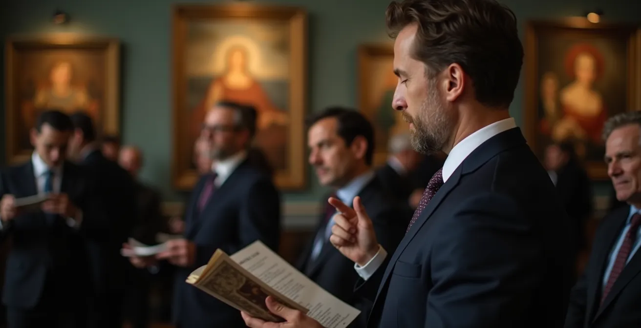 Auction room during a quiet bidding period with focused participants and a sense of tension.