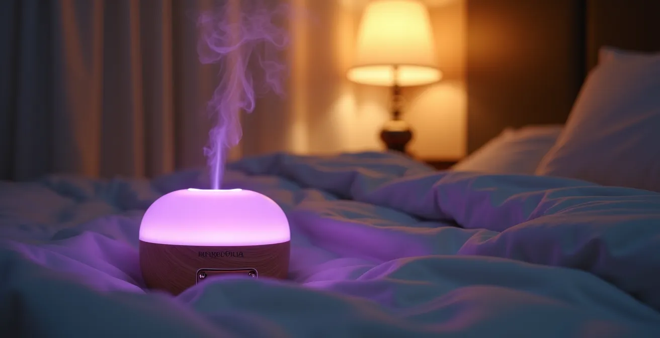 Serene bedroom with soft lighting and a lavender aromatherapy diffuser creating a calming atmosphere.
