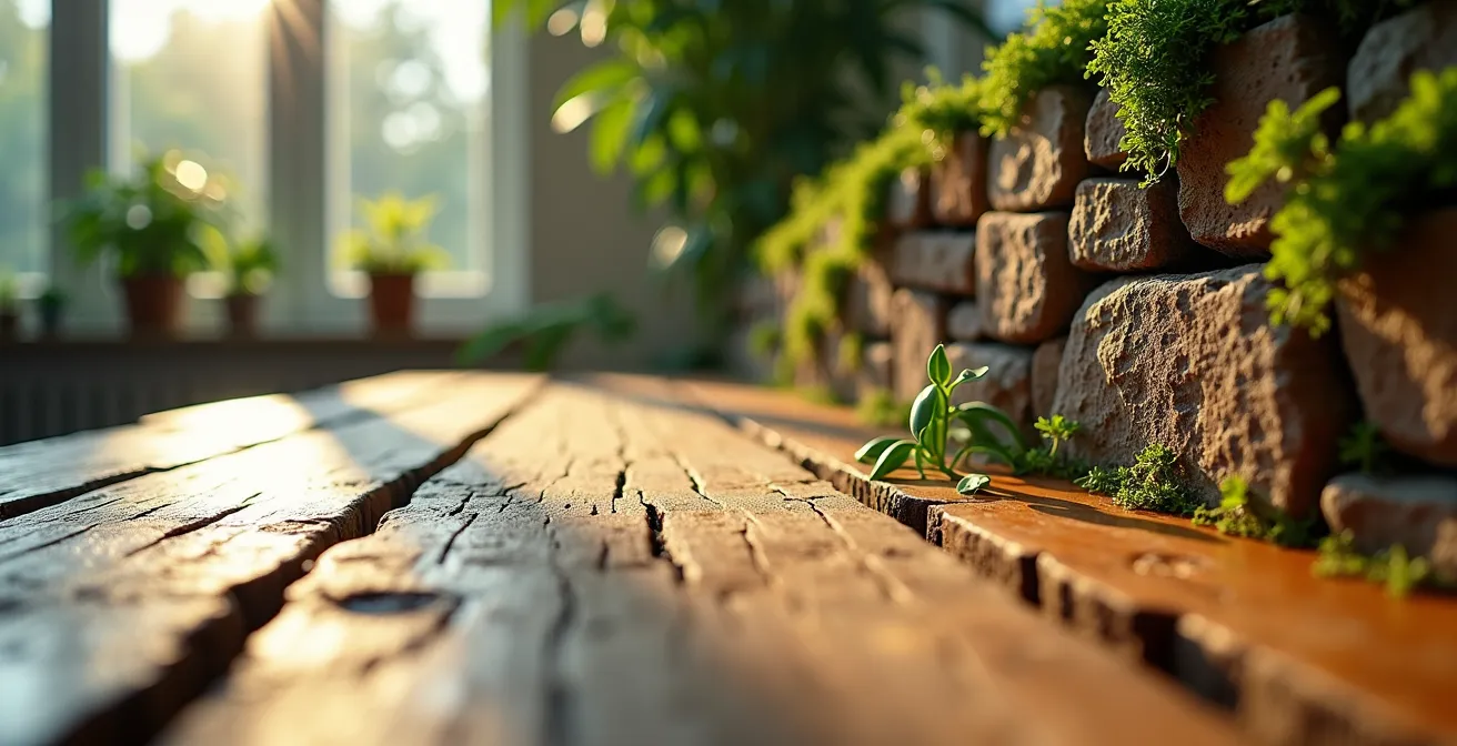 Modern office space with natural light patterns and organic textures from wood and stone, creating a calm atmosphere.