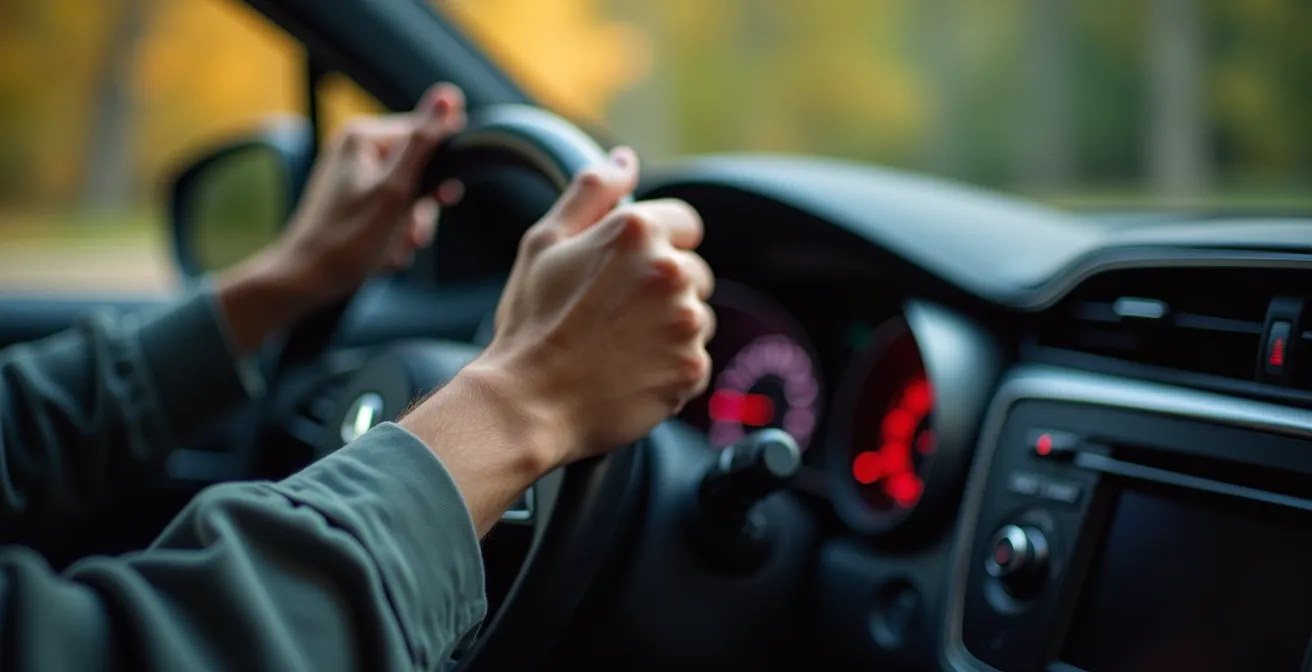 Driver's hands on steering wheel demonstrating breathing rhythm with visible chest expansion in car interior