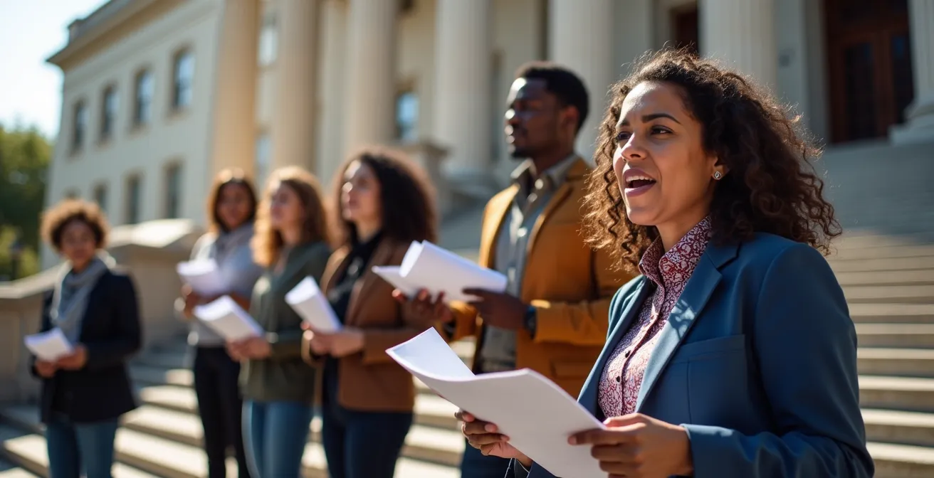Group of diverse advocates presenting petition documents at city hall steps