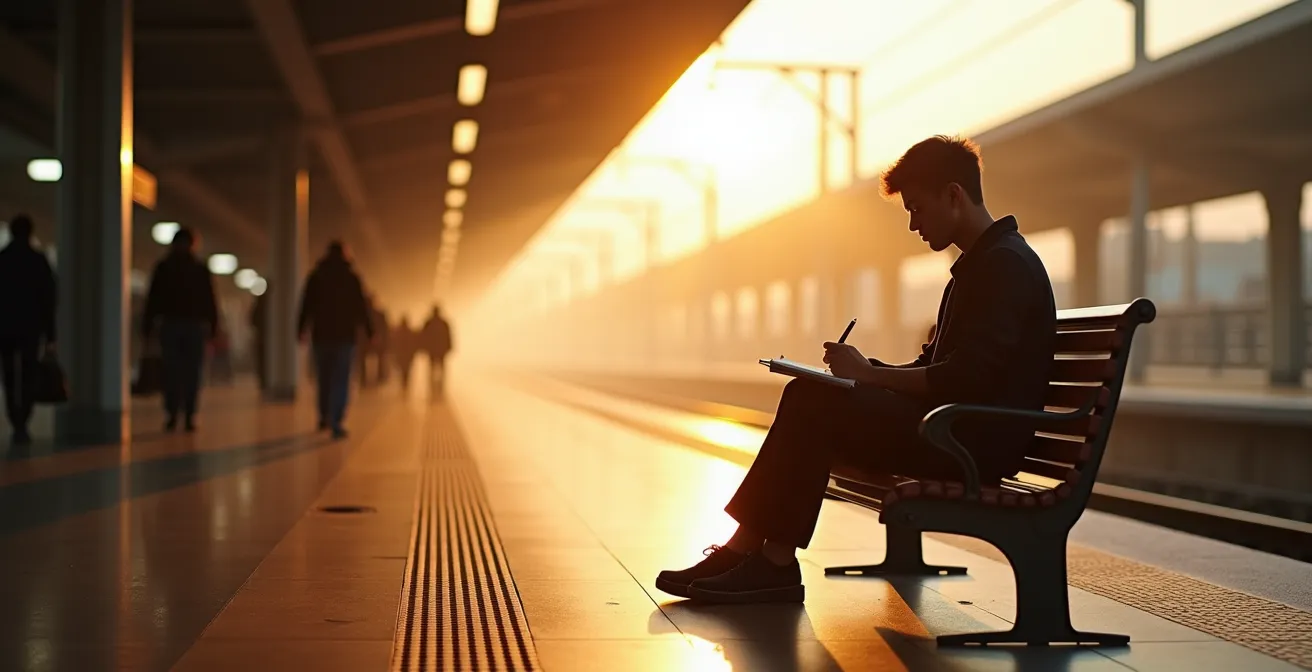 Person writing in journal at train platform during morning commute with peaceful expression