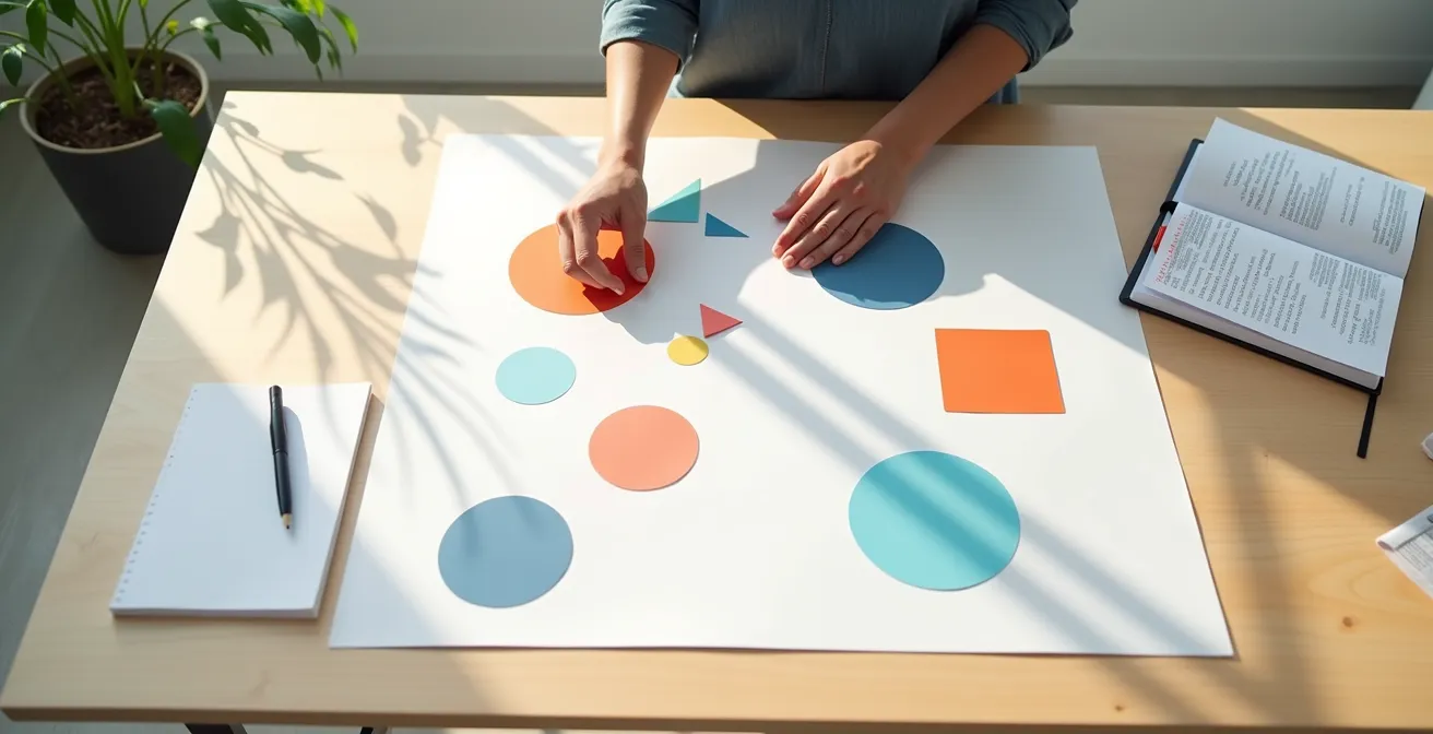 Minimalist workspace showing competitive analysis process through abstract visual elements