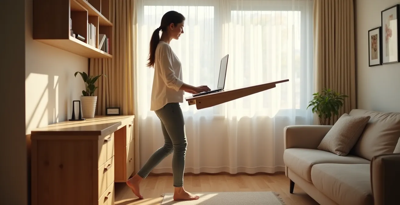 A transformable workspace with wall-mounted folding desk and modular storage in a small apartment