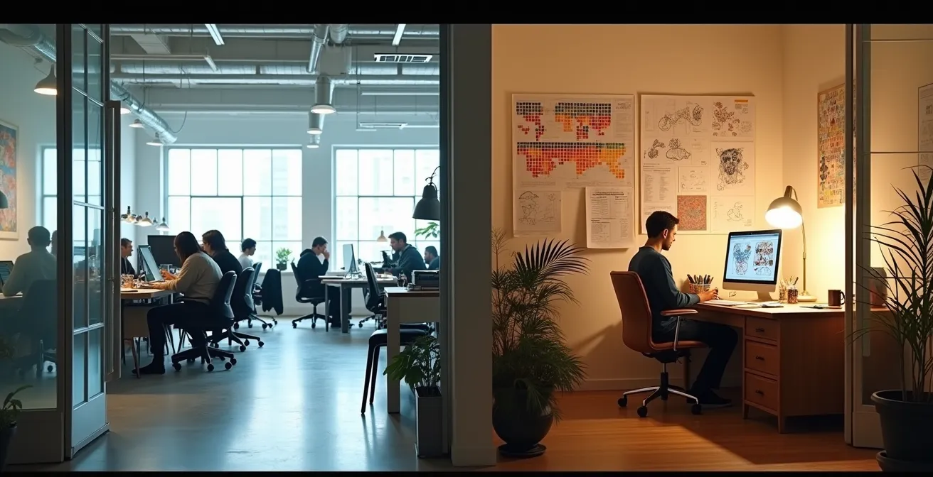 Split composition showing corporate creative agency on left and freelance home studio on right