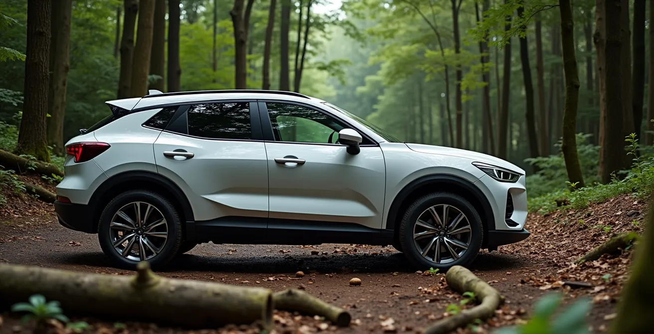Crossover SUV profile showing approach, departure, and breakover angles on forest terrain