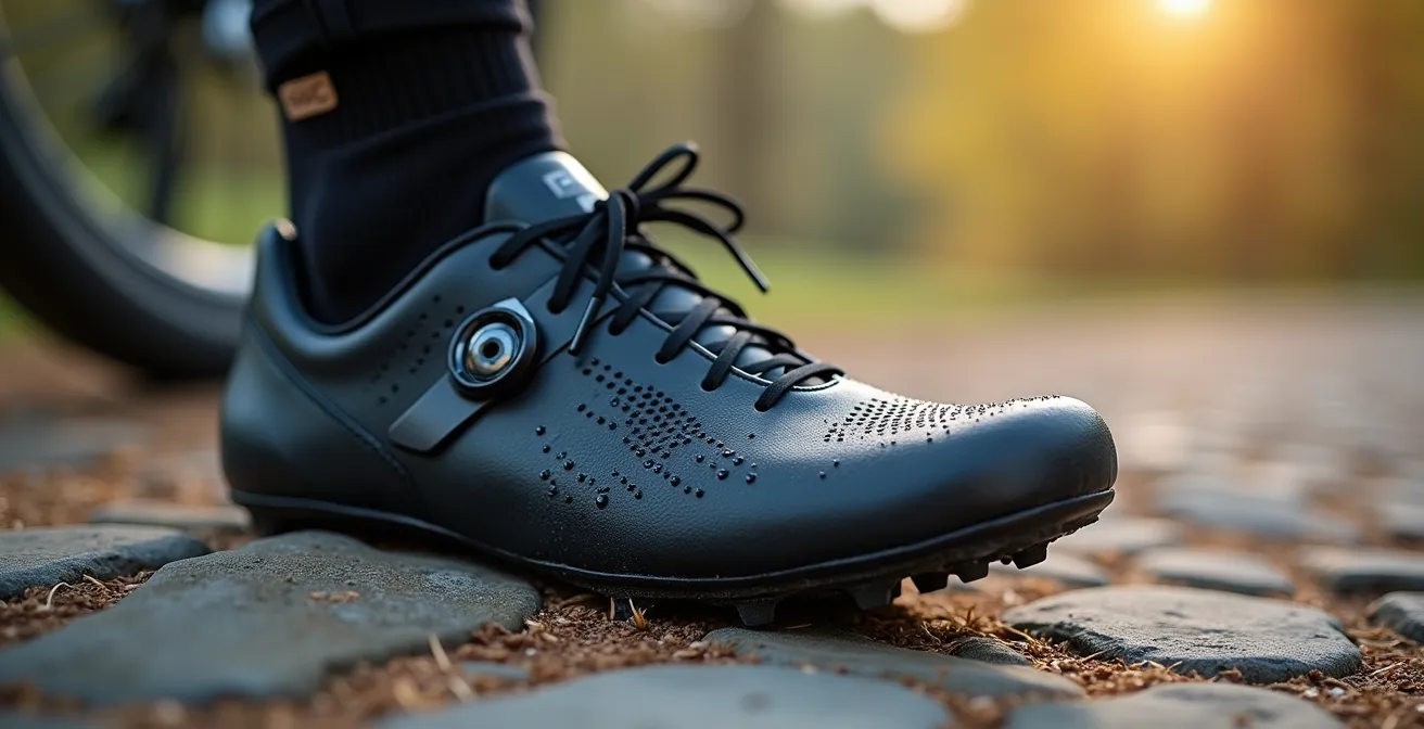 Close-up of modern gravel cycling shoes showing walkable sole design