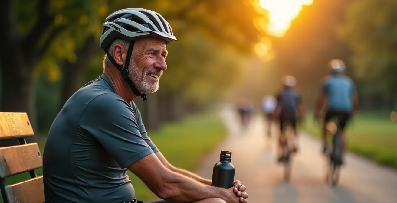 Tired cyclist taking a recovery break during multi-day tour