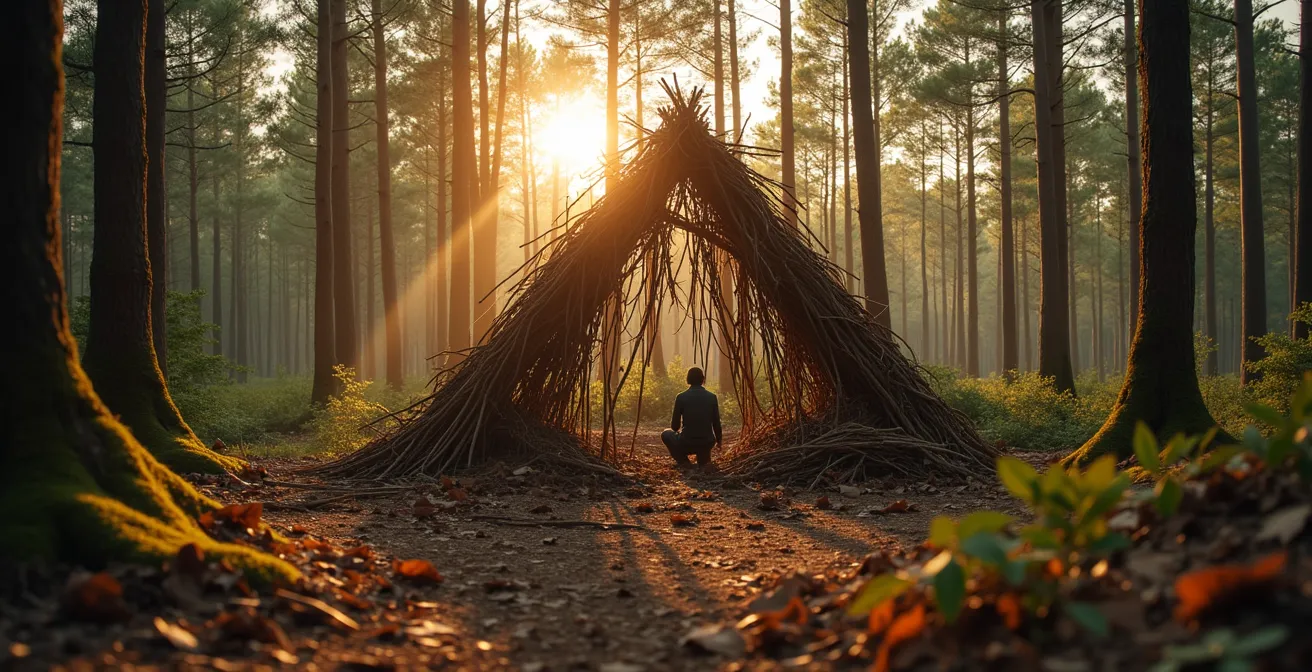 Wide-angle view of a person building a natural debris shelter in a forest clearing