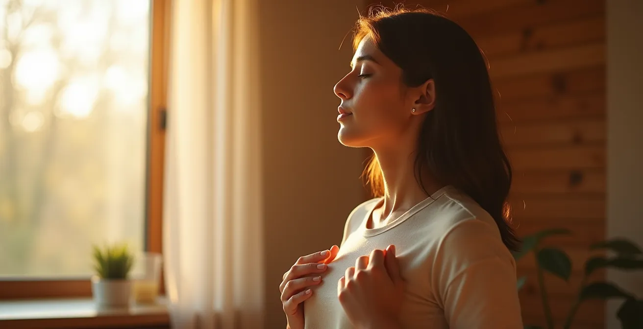 Anatomical visualization of diaphragmatic breathing technique showing the phrenic and vagus nerve pathways
