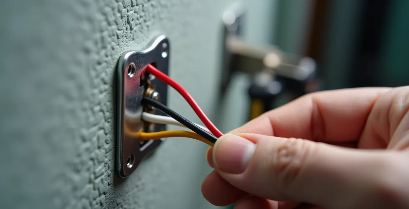 Close-up of hands installing a smart thermostat on a wall with tools nearby