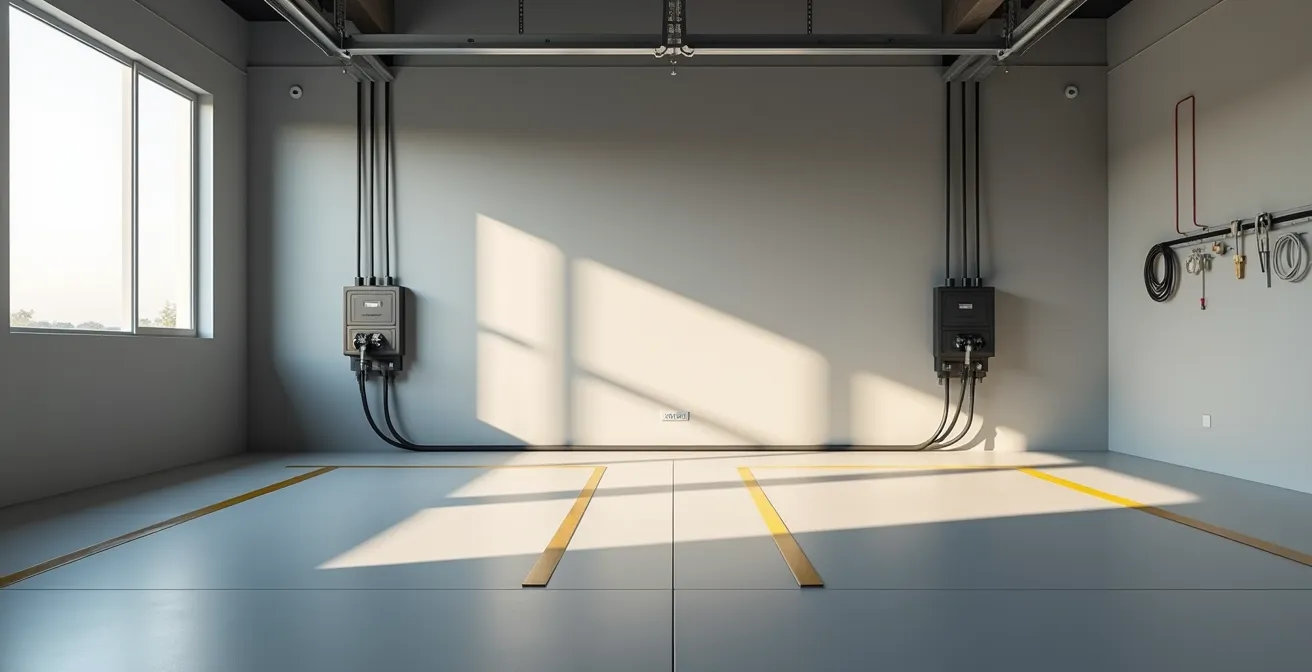 Wide angle view of modern garage prepared for dual EV charging setup