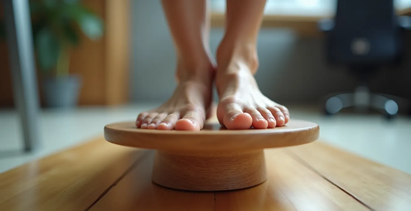 Person using balance board at standing desk while performing foot exercises