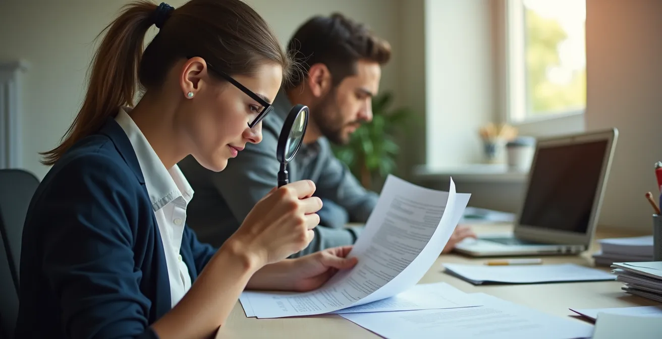 A person carefully analyzing documents with a magnifying glass at their desk.
