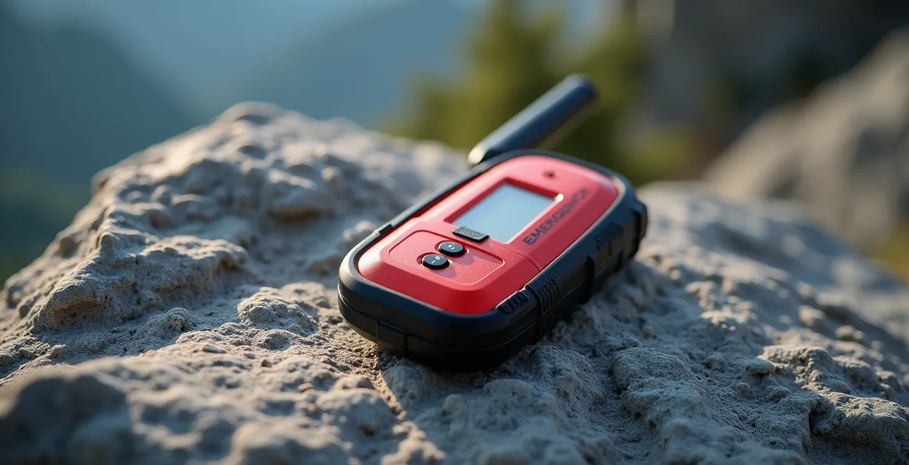 Close-up macro shot of emergency beacon device on rocky mountain surface with textured details