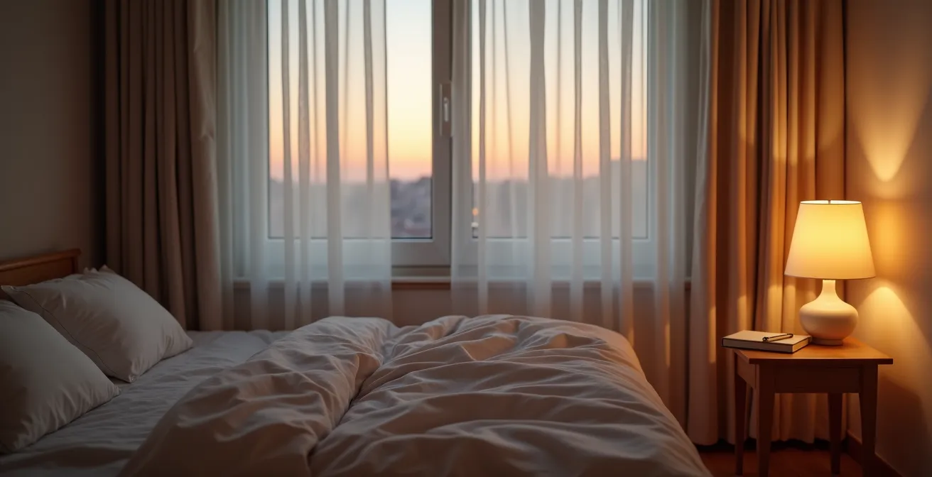 Serene bedroom environment optimized for sleep with warm dim lighting and temperature control elements