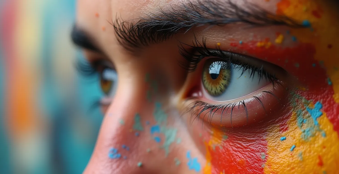 Business professional viewing abstract artwork with visible contemplation