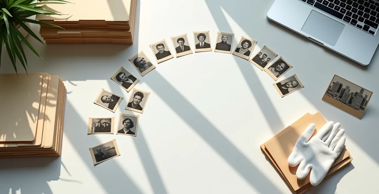 Wide shot of a genealogy workspace with archival boxes, scanning equipment, and organized research materials