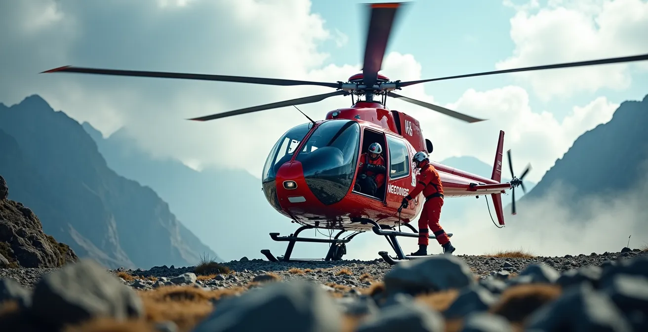 Mountain rescue helicopter hovering near steep cliff face during high-altitude evacuation operation