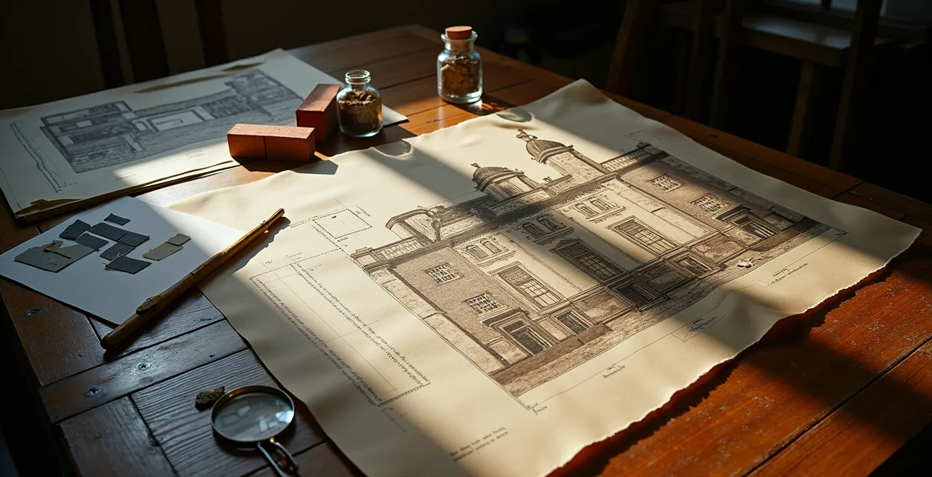 Overhead view of architectural drawings and historical documents spread on an antique wooden table