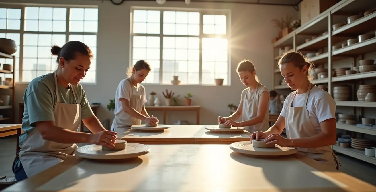 Adults working side by side in a pottery class demonstrating parallel play concept