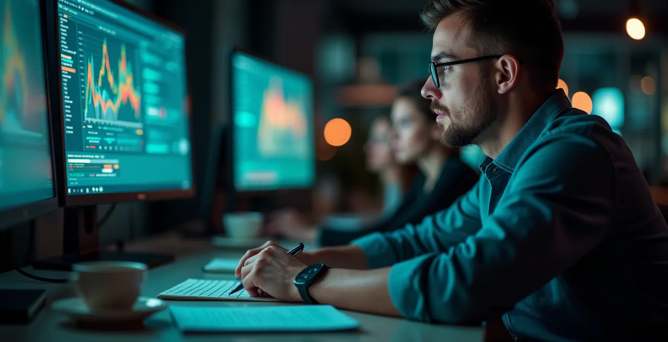 Professional analyzing keyword data patterns on multiple monitors