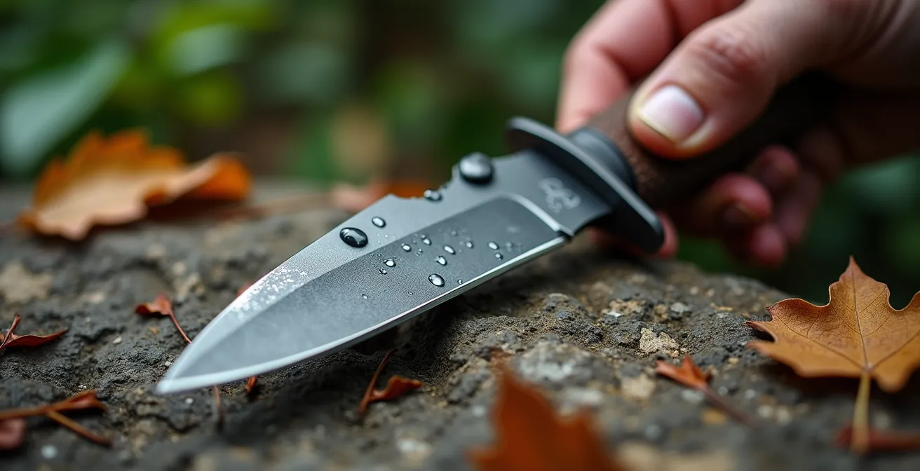 Extreme close-up of hands sharpening a bushcraft knife on a whetstone