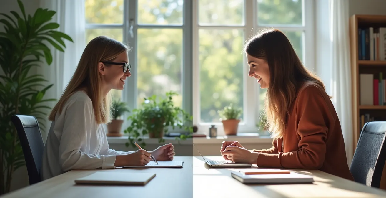 Two language learners in split-screen virtual meeting with notebooks and timing tools