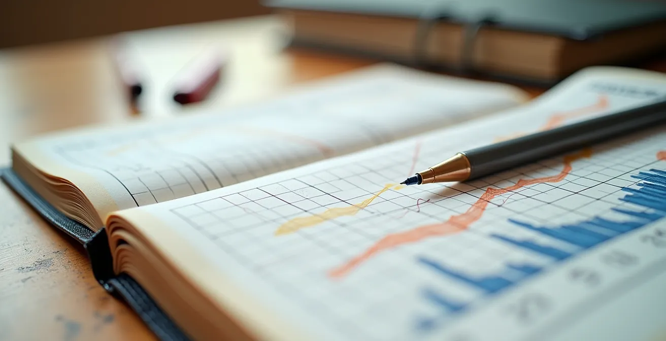 Desk workspace with handwritten progress charts and language learning materials