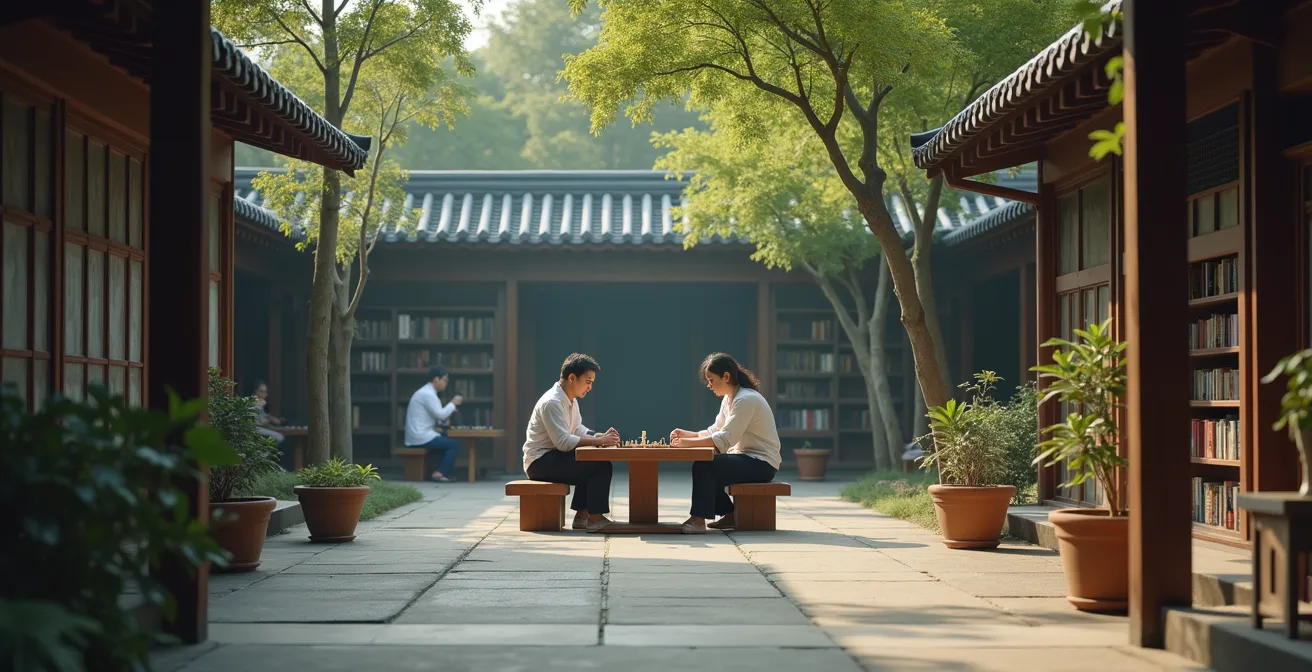 Wide shot of traveler naturally integrated in local community space