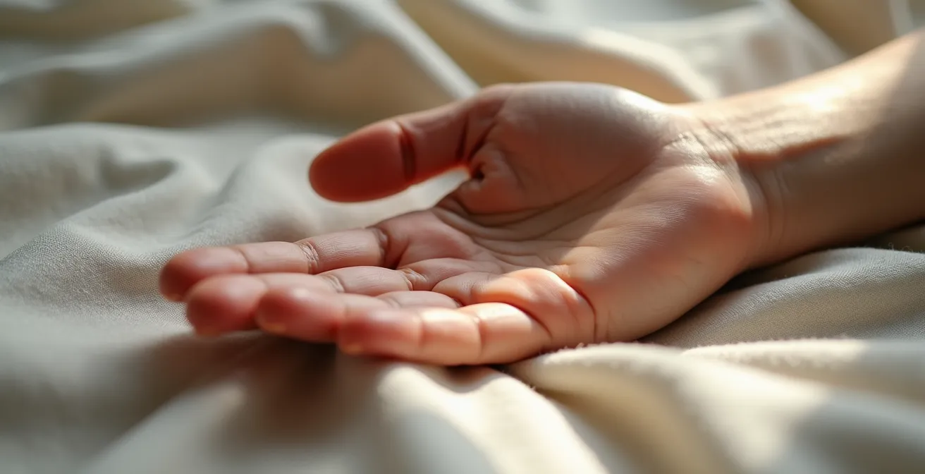 Extreme close-up of relaxed hand showing skin texture and peaceful muscle state