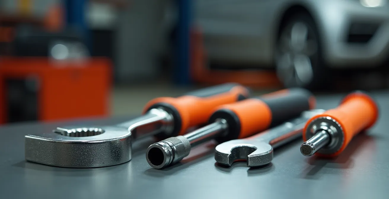 Professional automotive workshop showing specialized hybrid vehicle diagnostic equipment