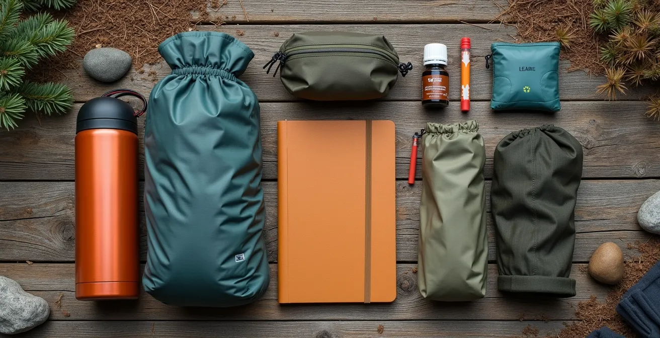Overhead view of organized minimalist hiking gear laid out on a natural wooden surface