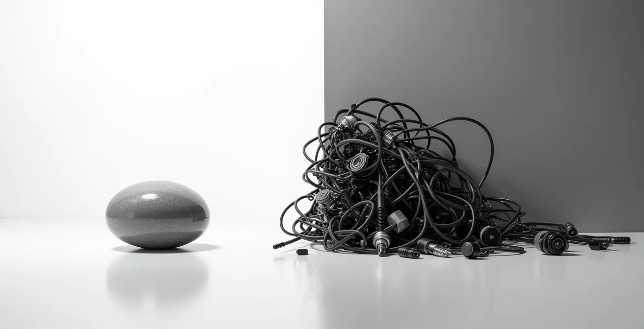 Clean minimalist workspace showing simple vs complex product designs