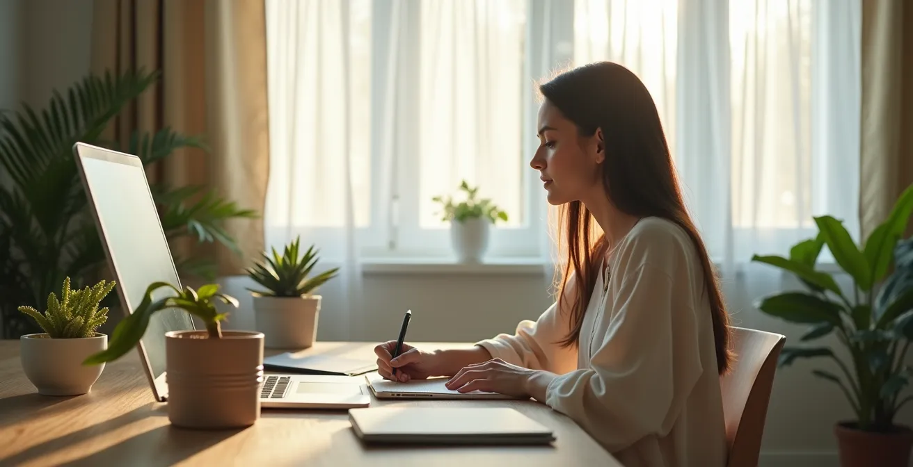 Wide shot of minimalist home office with person working peacefully without digital interruptions