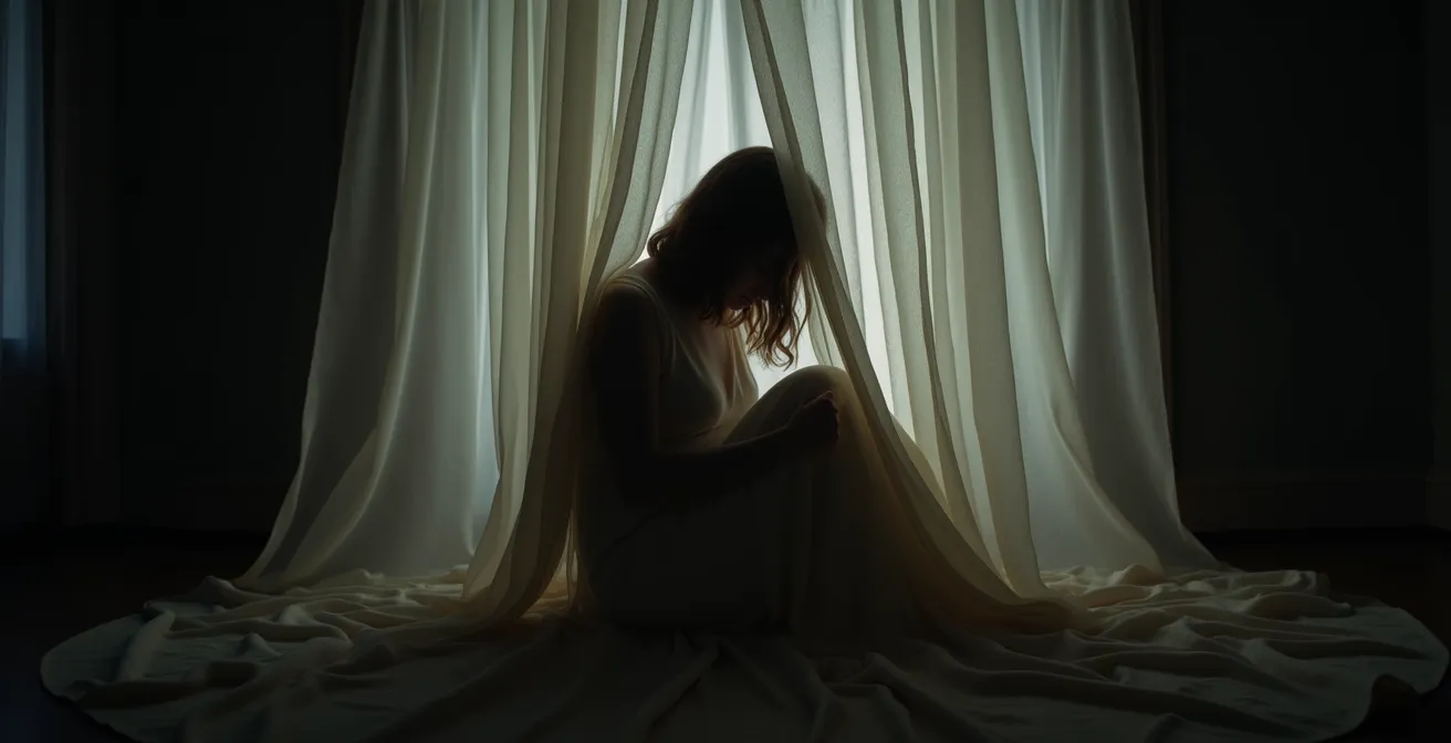 Person wrapped in layers of soft fabric representing protective freeze response