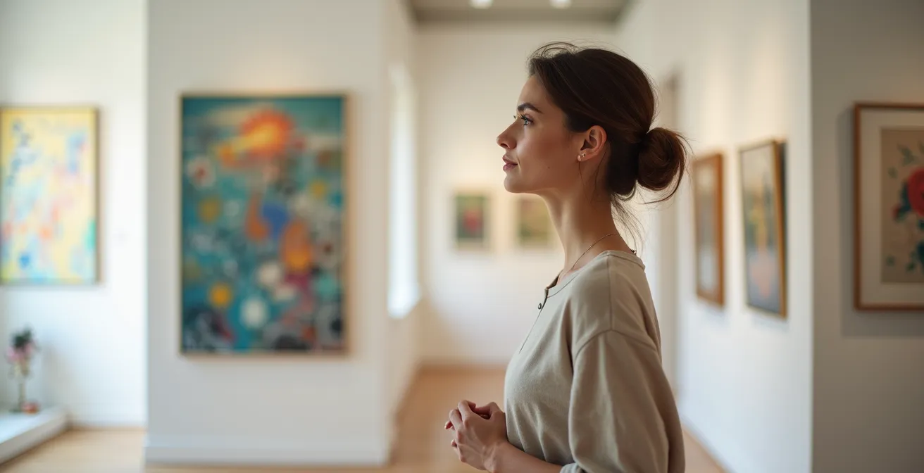 Person in a meditative stance observing artwork in a serene gallery environment