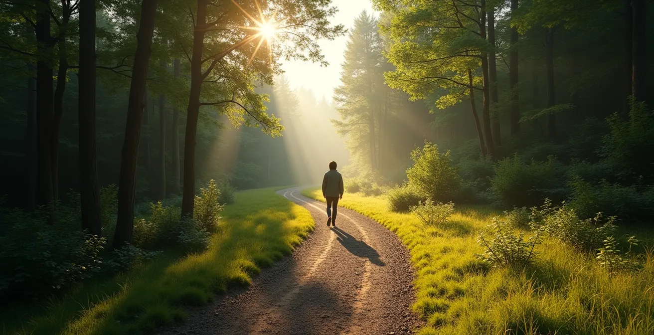 Wide shot of a person walking on a forest trail with dappled sunlight filtering through the trees, demonstrating active rest.
