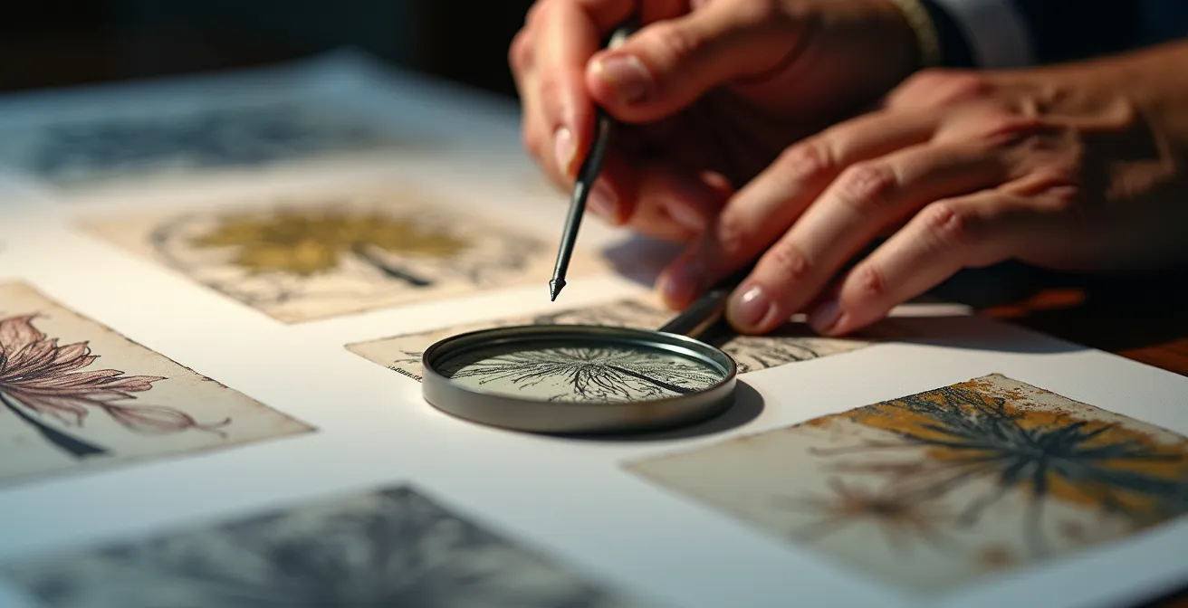 Art collector comparing different print types in a studio setting, examining textures and editions.