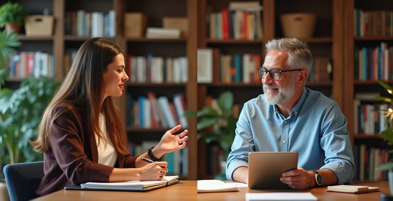 Split-screen view showing mentor and mentee in different global locations connected through technology