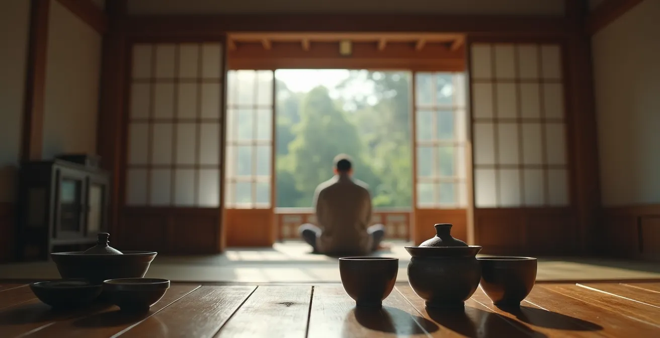 Visitor quietly observing traditional tea ceremony from designated guest area