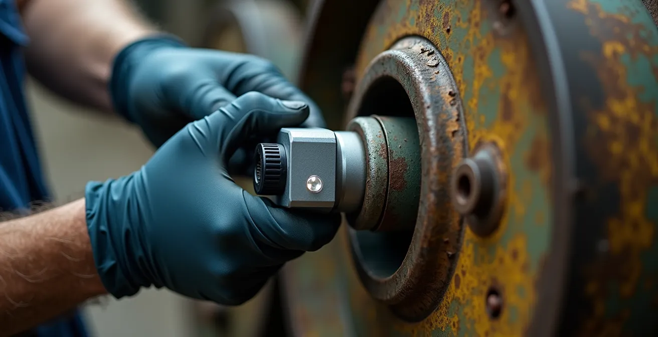 Close-up of a wireless IoT sensor being installed on industrial equipment