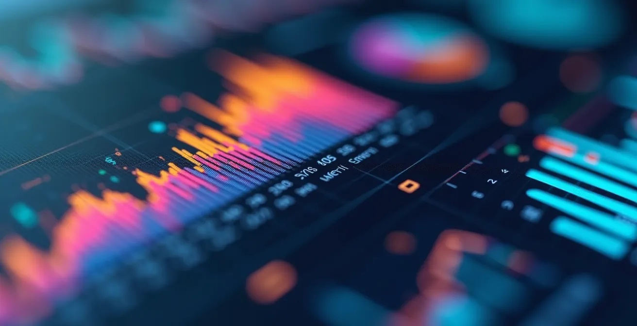 Close-up macro shot of a dashboard interface showing sales velocity metrics with colorful data points