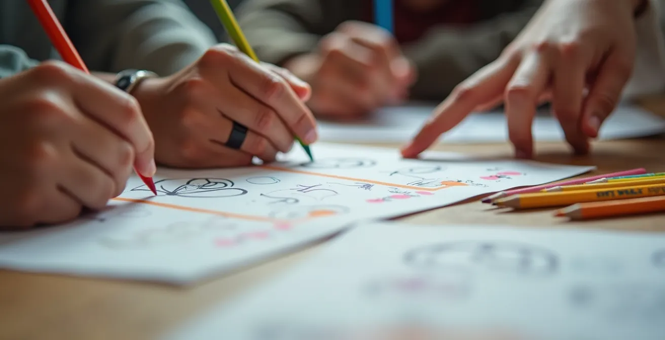 Host family and guest creating personalized visual dictionary together