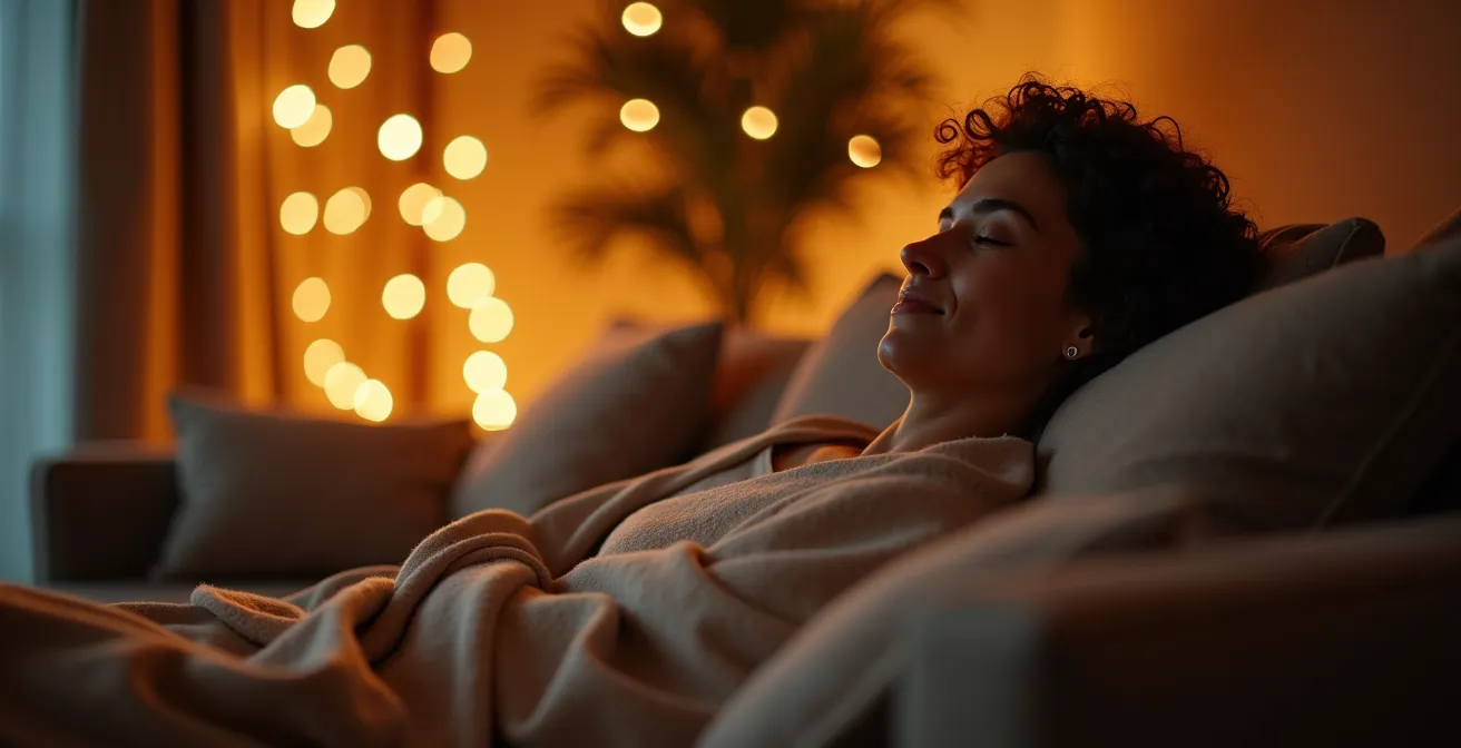 Living room with warm color temperature lighting creating a cozy evening atmosphere