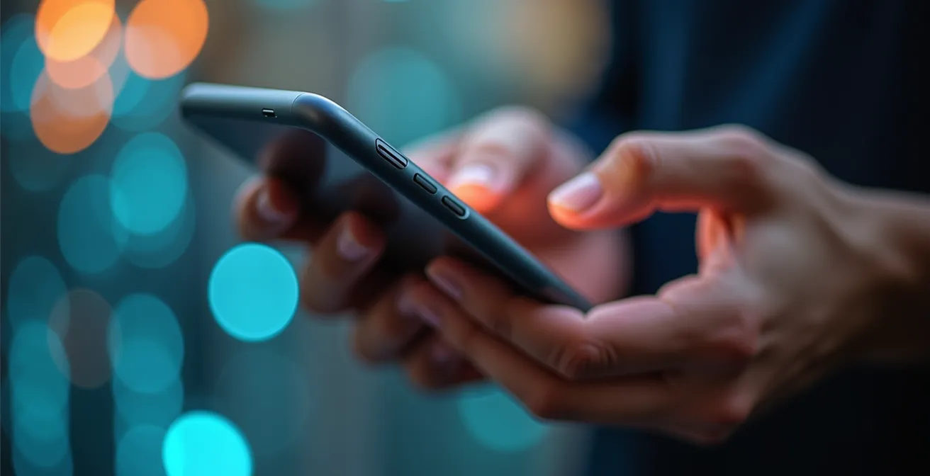 Hands holding a smartphone with abstract privacy symbols around it