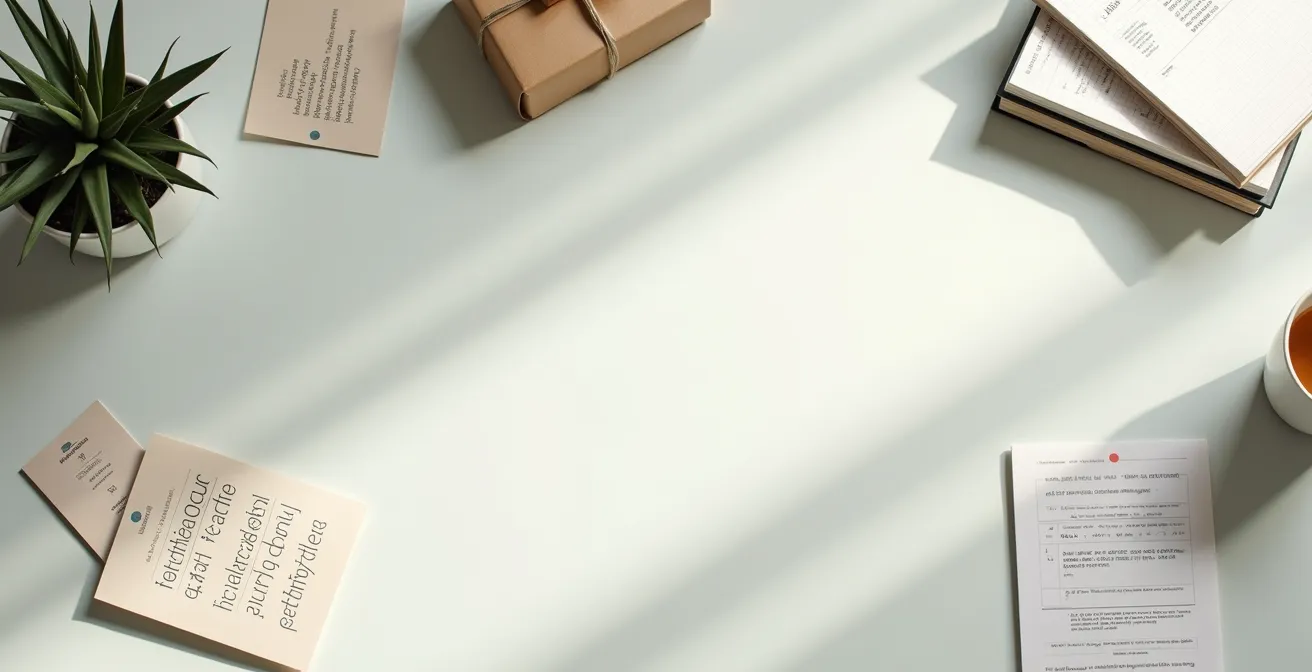 Minimalist workspace showing a professional's networking strategy with visual balance metaphor