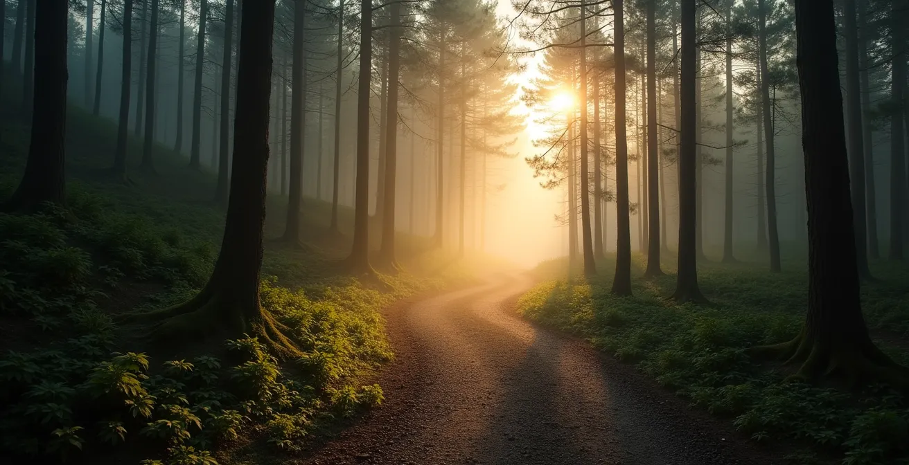 Empty forest trail winding through misty trees in early morning light