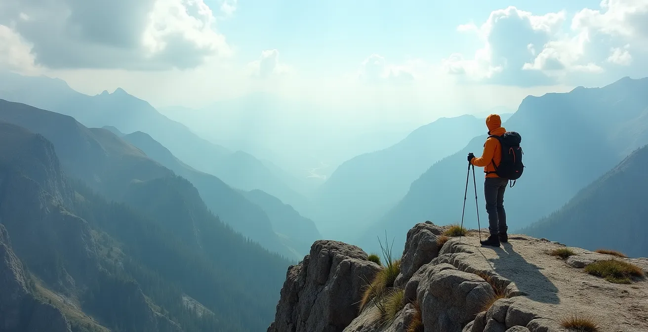 Solo hiker in vast remote wilderness demonstrating preparedness